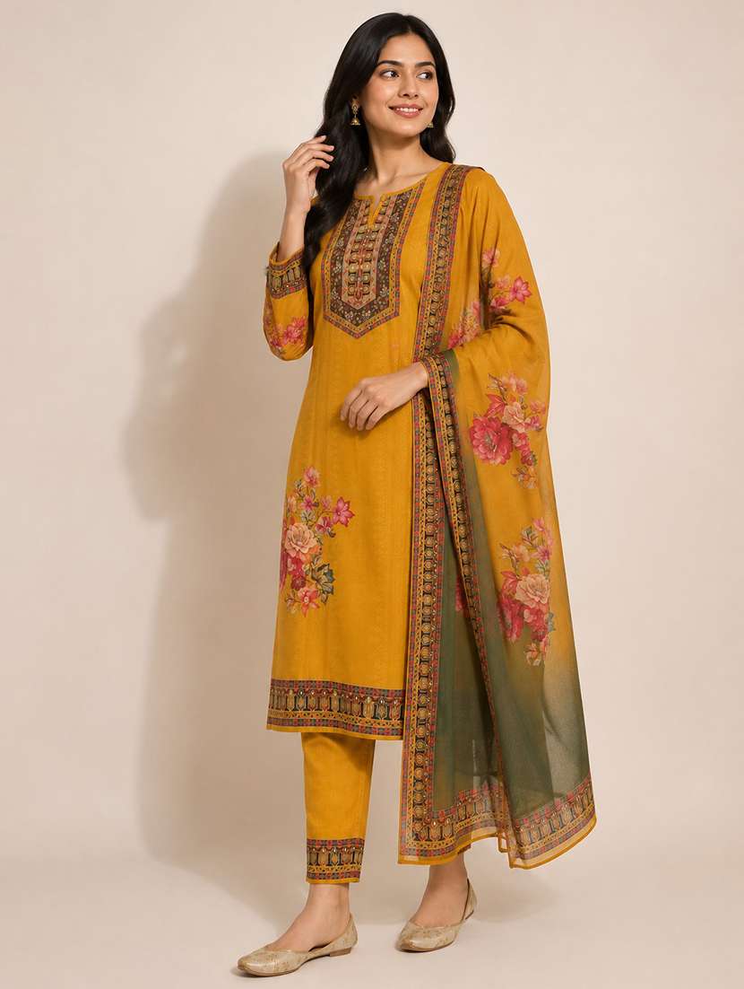 women printed long sleeves kurta pant set with dupatta - 22589868 -  Standard Image - 1