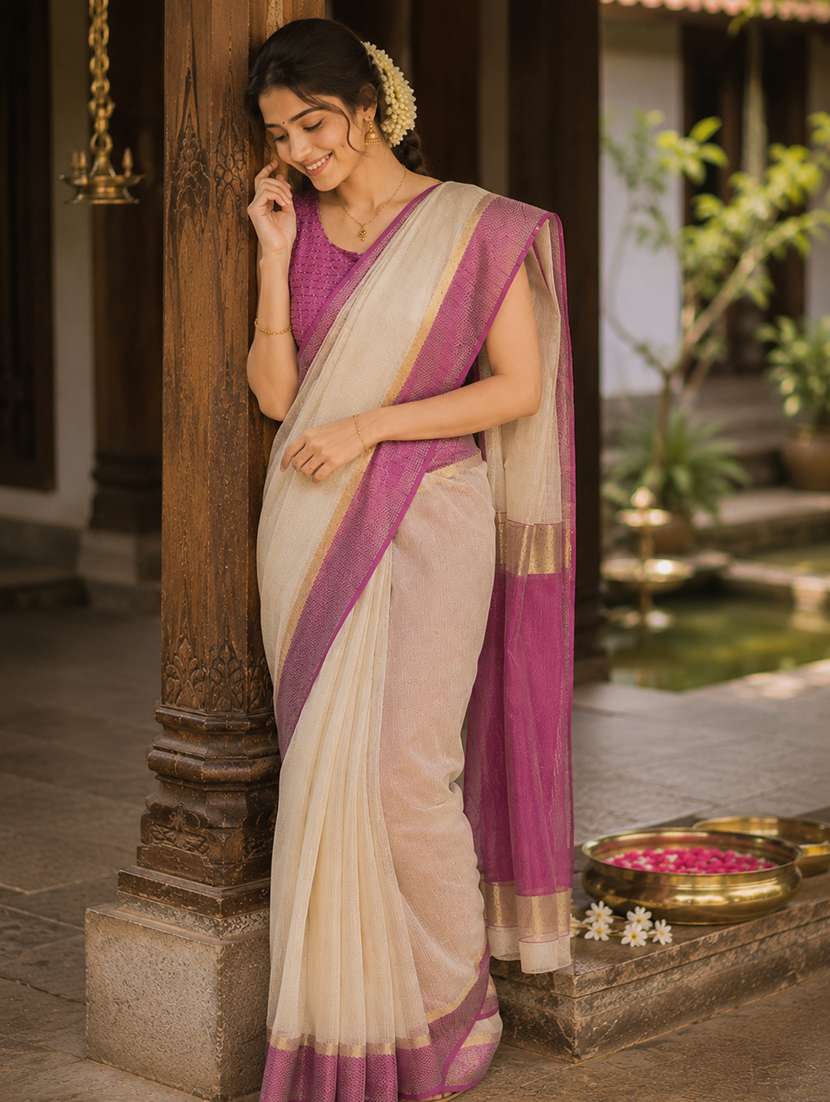 women solid with bordered saree with blouse - 22589870 -  Standard Image - 1