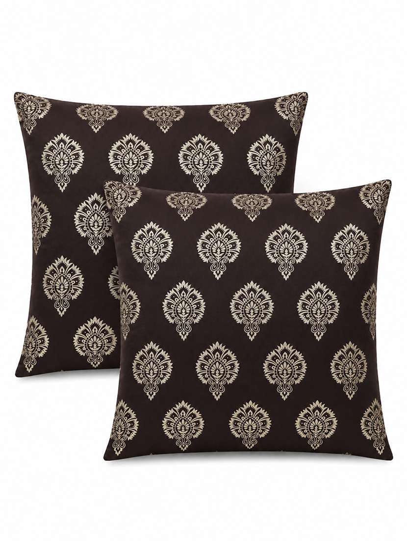 Set Of 2 Decorative Throw Pillow Cover, Brown With Damask Pattern, Silver Medallion Print 16x16 Inh - 22590196 -  Standard Image - 1