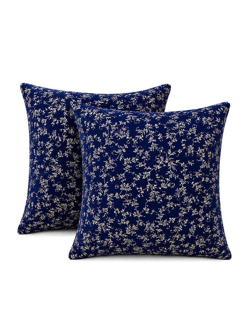 set of 2 decorative throw pillow cover, navy blue with silver floral pattern 16x16inh - 22590198 -  Standard Image - 1