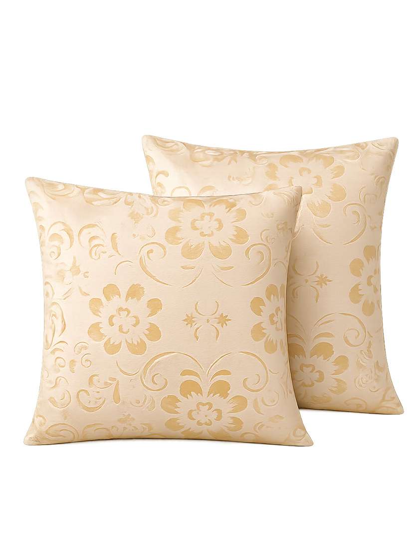 set of 2 decorative throw pillow cover, floral embossed pattern, champagne gold, satin finish 16x16 inh - 22590202 -  Standard Image - 1