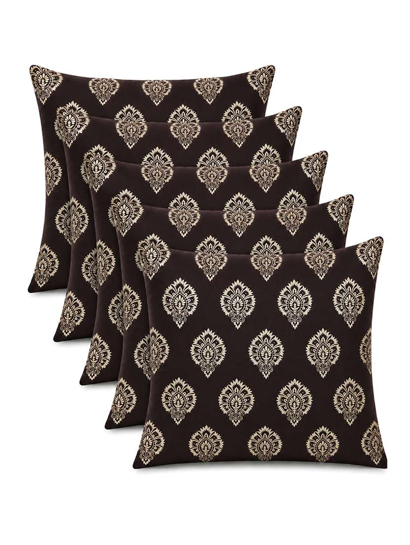 Set Of 5 Decorative Throw Pillow Cover, Brown With Damask Pattern, Silver Medallion Print 16x16 Inh - 22590208 -  Standard Image - 1
