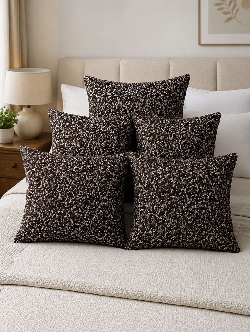 set of 5 decorative throw pillow cover, brown with gold geometric pattern, modern design 16x16inh