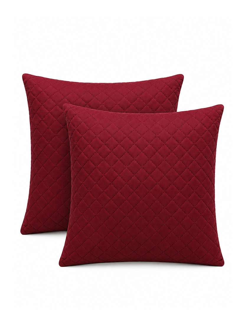 set of 2 quilted velvet decorative throw pillow cover, burgundy, diamond pattern 16x16inh - 22590220 -  Standard Image - 1