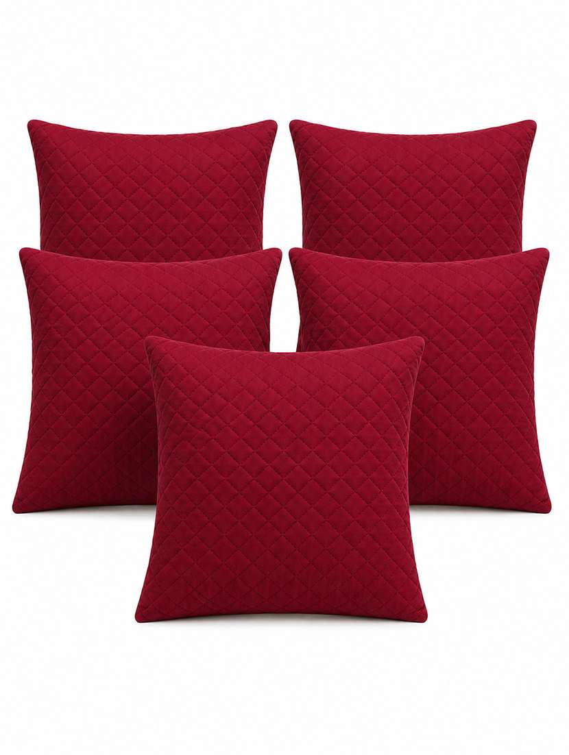 set of 5 quilted velvet decorative throw pillow cover, burgundy, diamond pattern 16x16inh - 22590221 -  Standard Image - 1