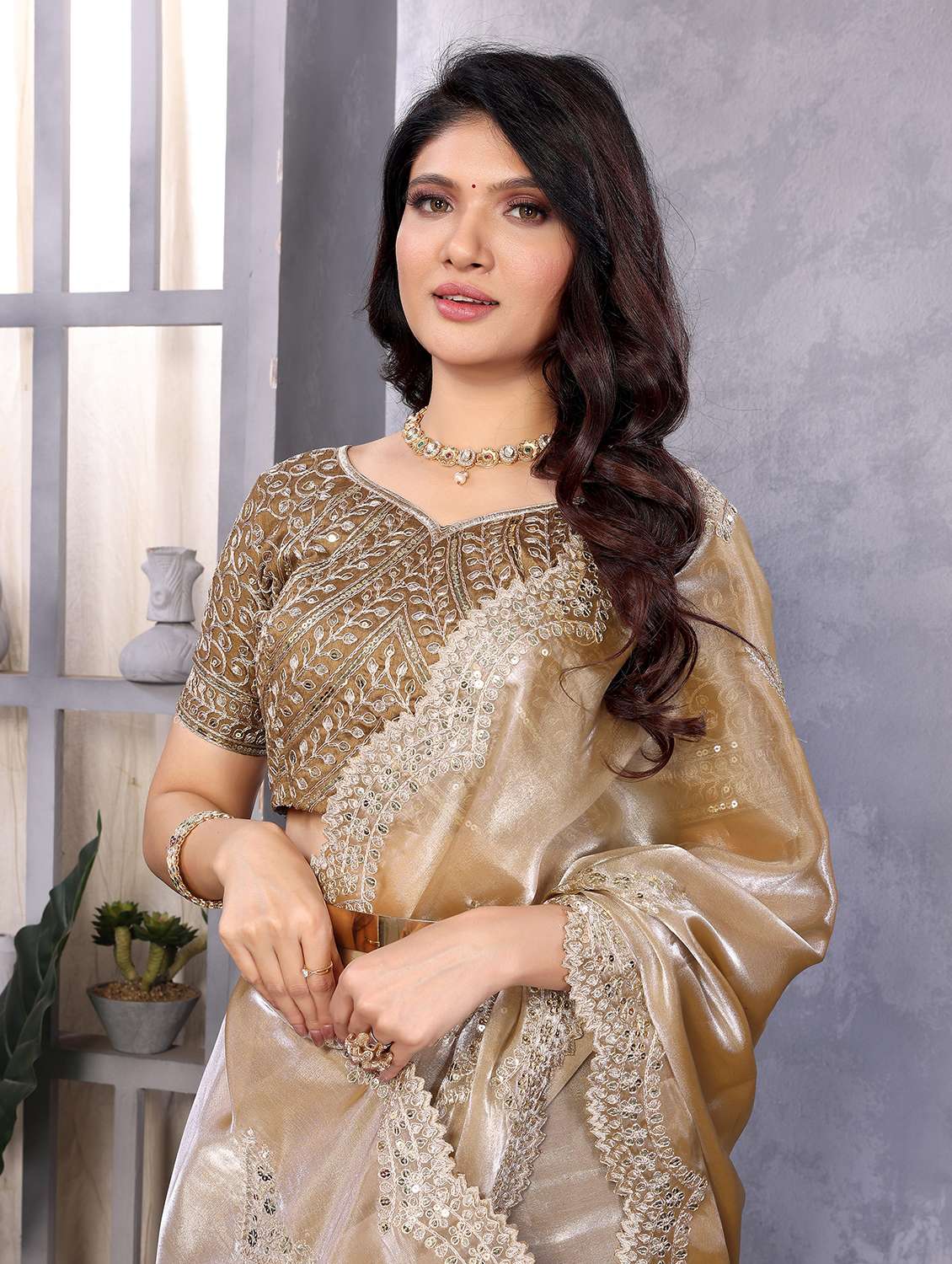Women Solid With Work Embroidered Saree With Blouse - 22593036 -  Standard Image - 1