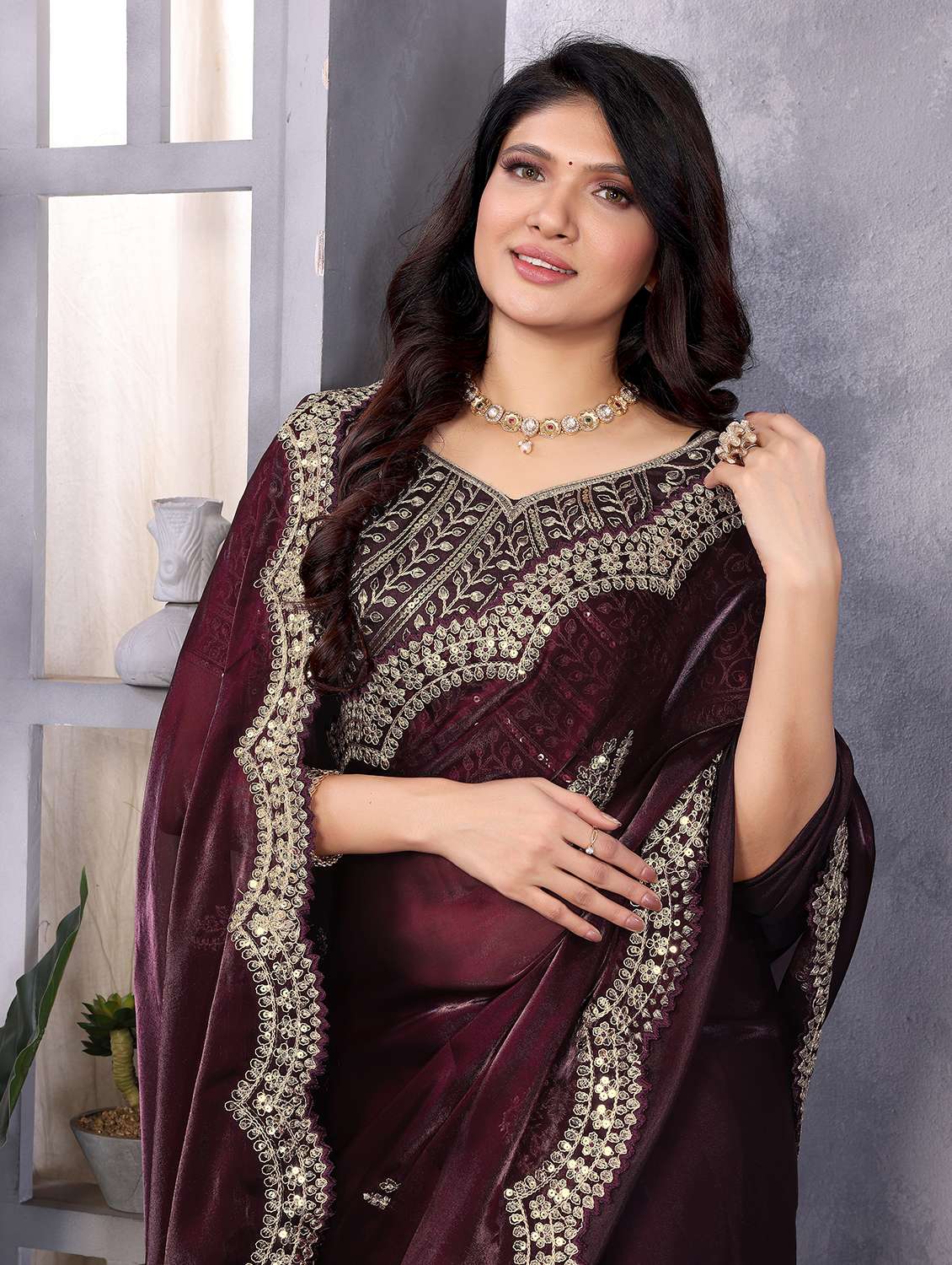 women solid with work embroidered saree with blouse - 22593041 -  Standard Image - 1