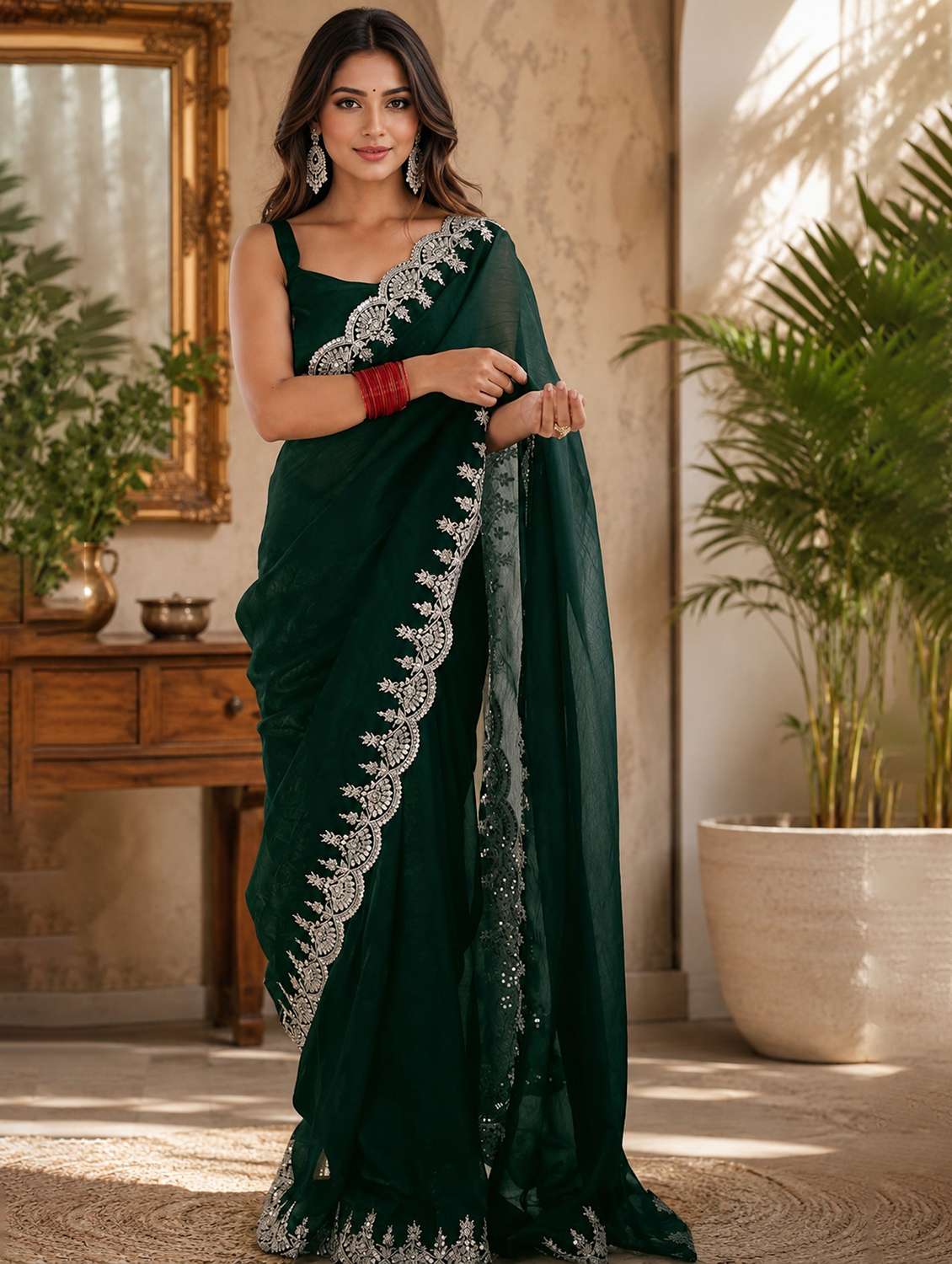 women solid with bordered saree with blouse