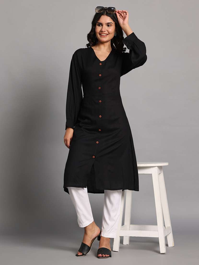 women solid long sleeves a-line kurta