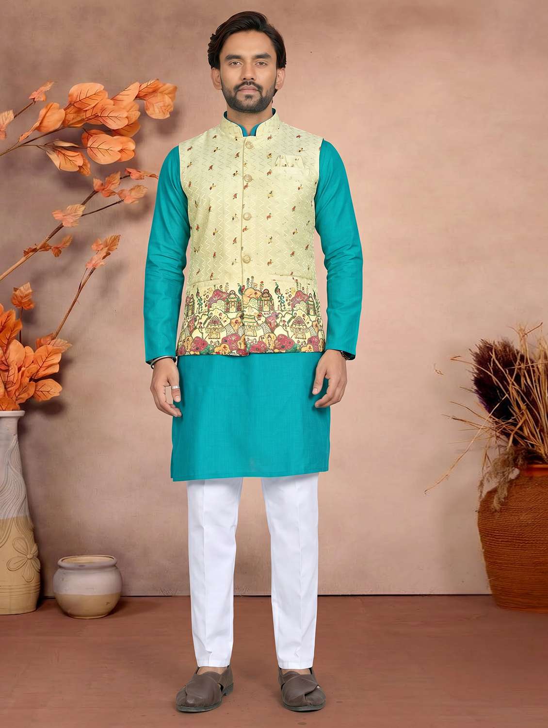 men printed mandarin neck kurta pyjama with jacket set