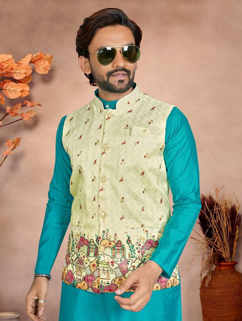 Men Printed Mandarin Neck Kurta Pyjama With Jacket Set - 22593739 -  Standard Image - 1