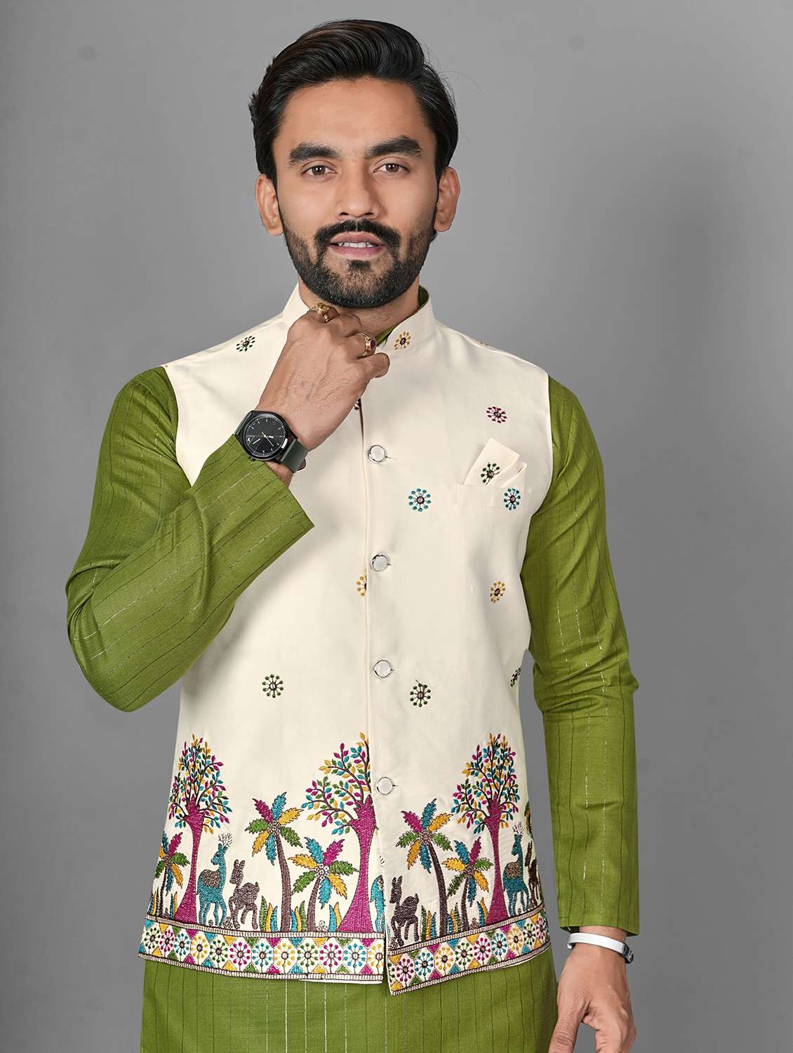 men embroidered mandarin neck kurta pyjama with jacket set - 22593742 -  Standard Image - 1