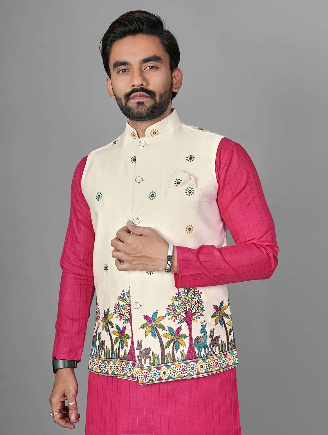 men embroidered mandarin neck kurta pyjama with jacket set - 22593744 -  Standard Image - 1