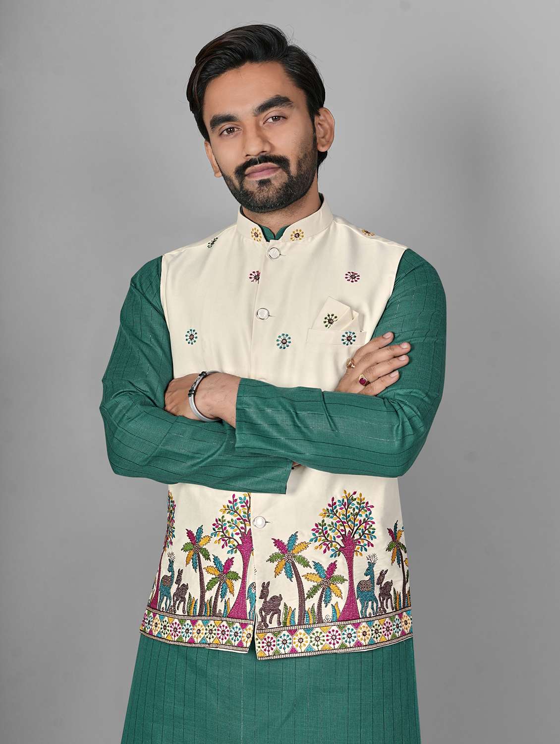 men embroidered mandarin neck kurta pyjama with jacket set - 22593745 -  Standard Image - 1