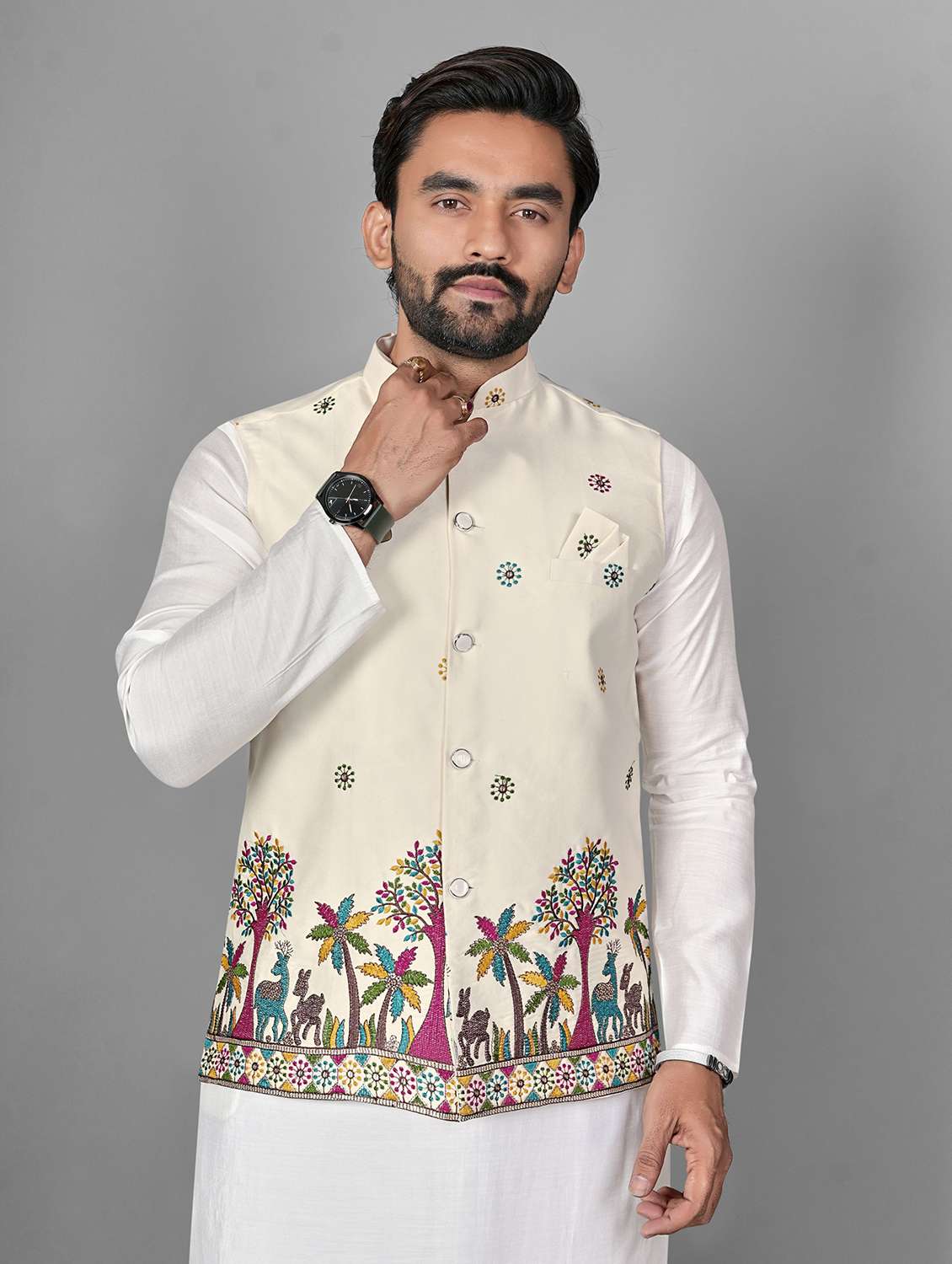 men embroidered mandarin neck kurta pyjama with jacket set - 22593746 -  Standard Image - 1