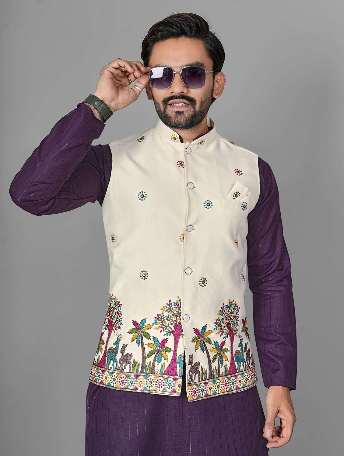 men embroidered mandarin neck kurta pyjama with jacket set - 22593747 -  Standard Image - 1