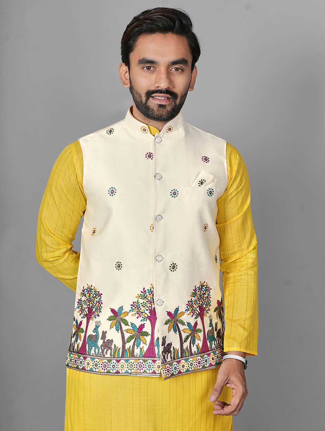 men embroidered mandarin neck kurta pyjama with jacket set - 22593748 -  Standard Image - 1