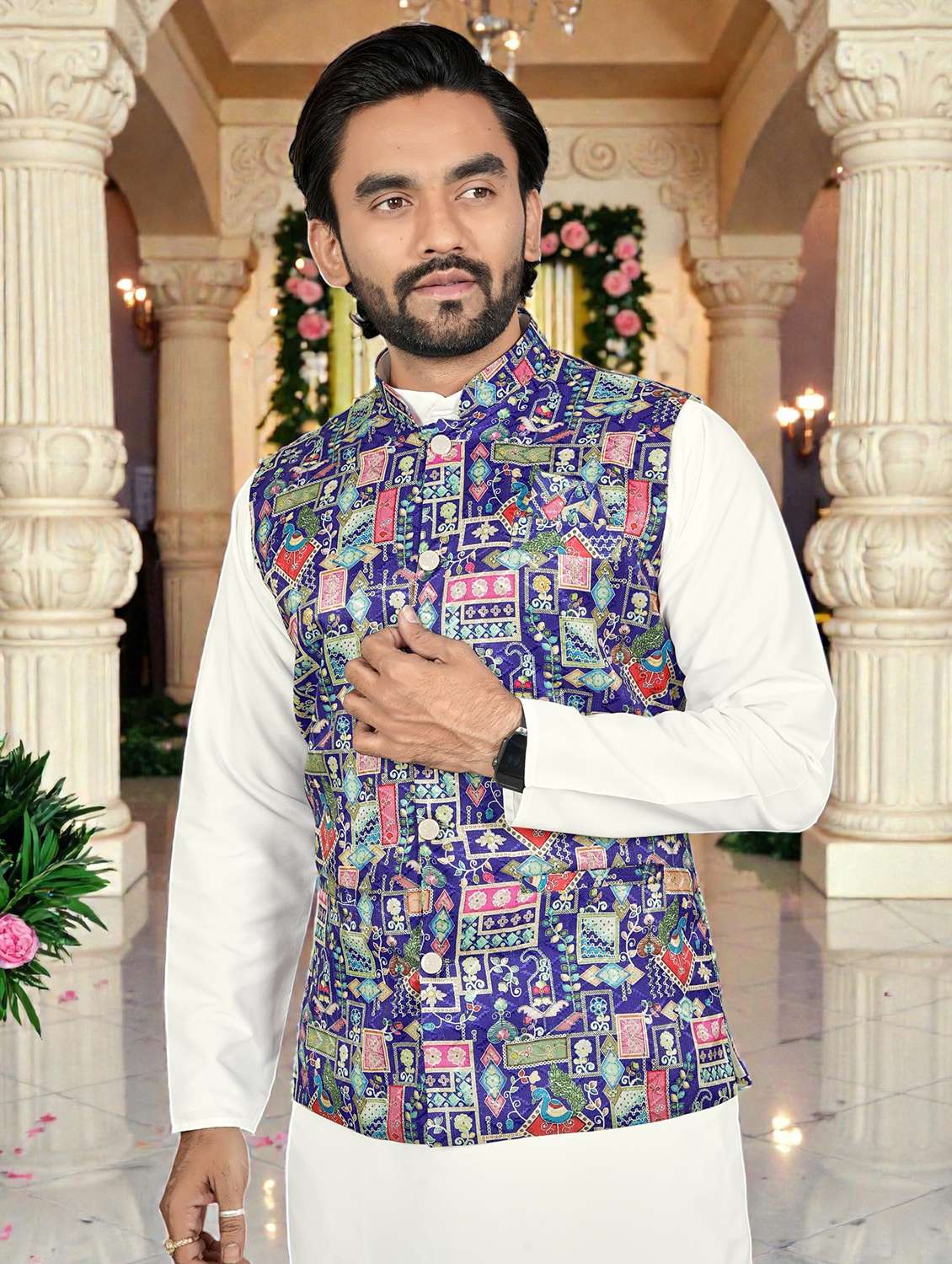 Men Printed Mandarin Neck Kurta Pyjama With Jacket Set - 22593752 -  Standard Image - 1