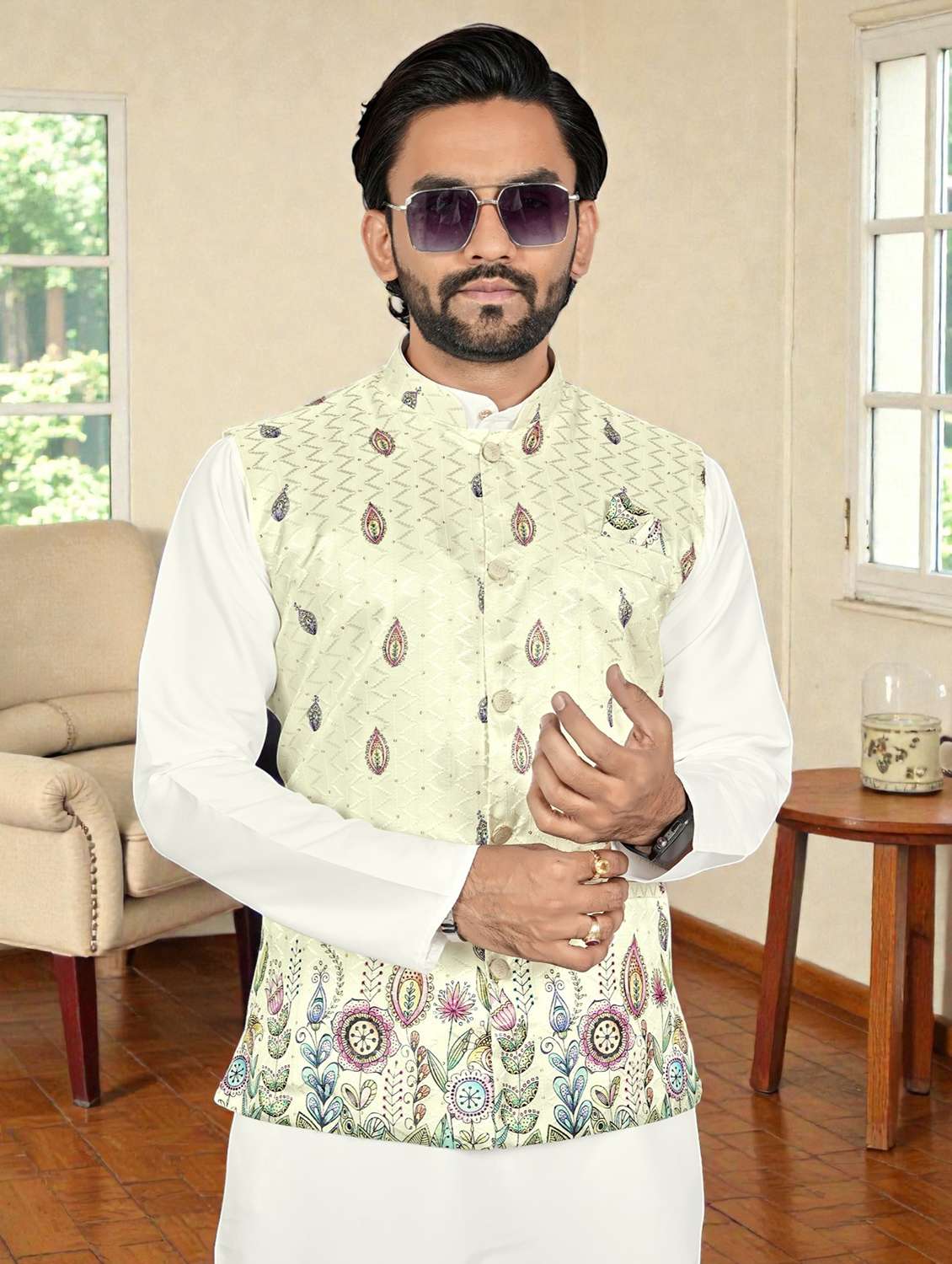 men printed mandarin neck kurta pyjama with jacket set - 22593755 -  Standard Image - 1