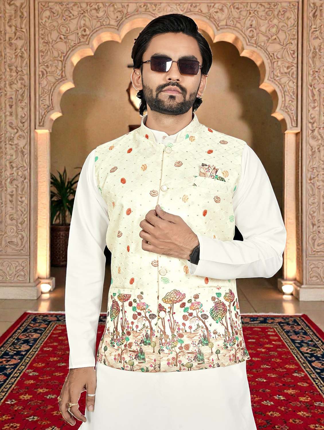 Men Printed Mandarin Neck Kurta Pyjama With Jacket Set - 22593756 -  Standard Image - 1