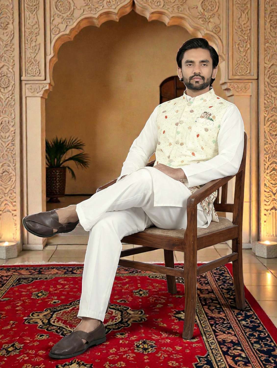 Men Printed Mandarin Neck Kurta Pyjama With Jacket Set - 22593756 -  Standard Image - 4