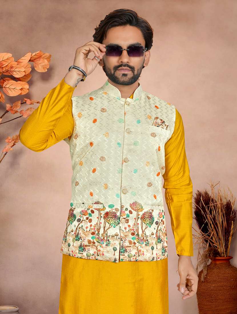 Men Printed Mandarin Neck Kurta Pyjama With Jacket Set - 22593759 -  Standard Image - 1