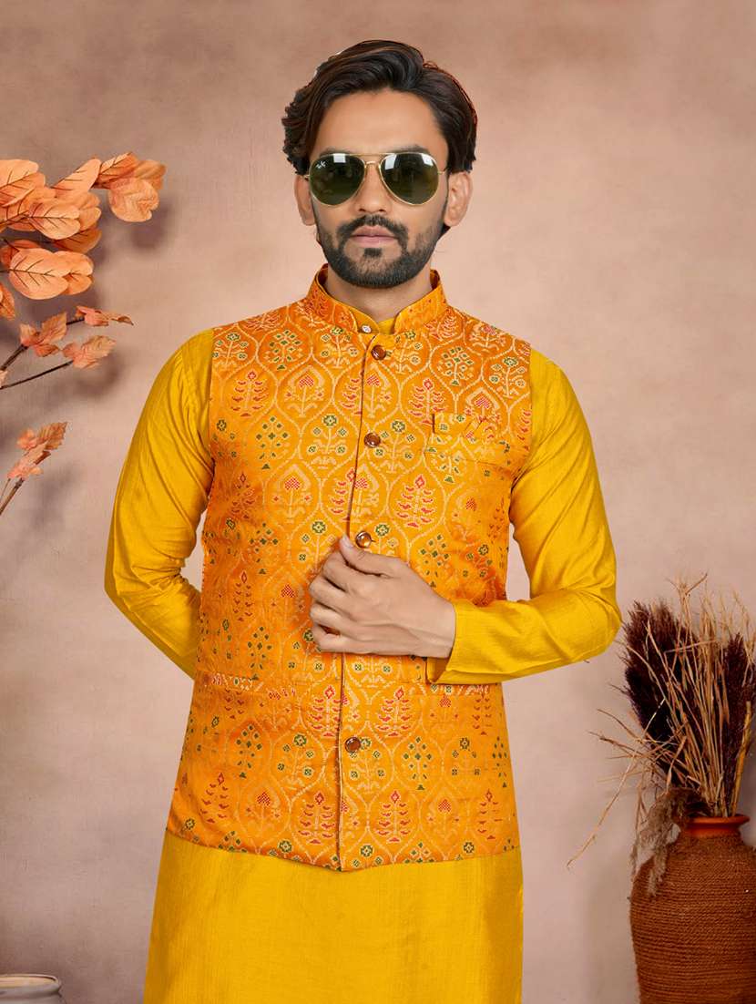 Men Self Design Mandarin Neck Kurta Pyjama With Jacket Set - 22593769 -  Standard Image - 1