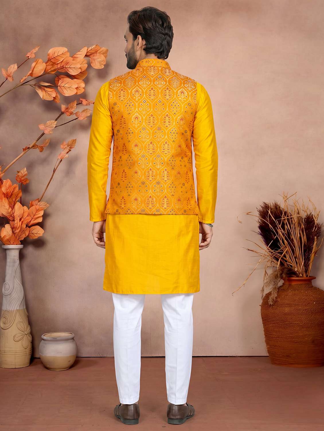 Men Self Design Mandarin Neck Kurta Pyjama With Jacket Set - 22593769 -  Standard Image - 4