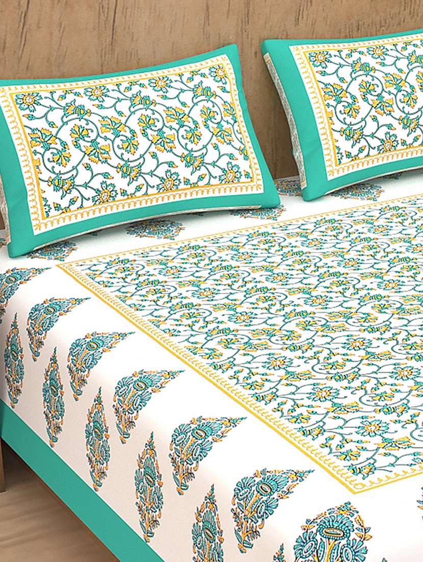 kivo bedsheets 100% pure cotton jaipuri print double bedsheet with 2 pillow covers-size 85x90 inchs - 22593779 -  Standard Image - 1