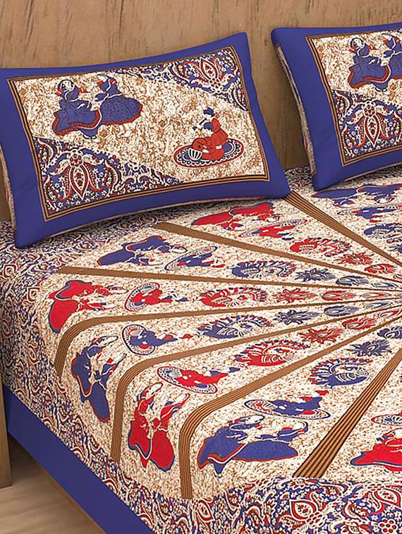 kivo bedsheets 100% pure cotton jaipuri print double bedsheet with 2 pillow covers-size 85x90 inchs - 22593791 -  Standard Image - 1