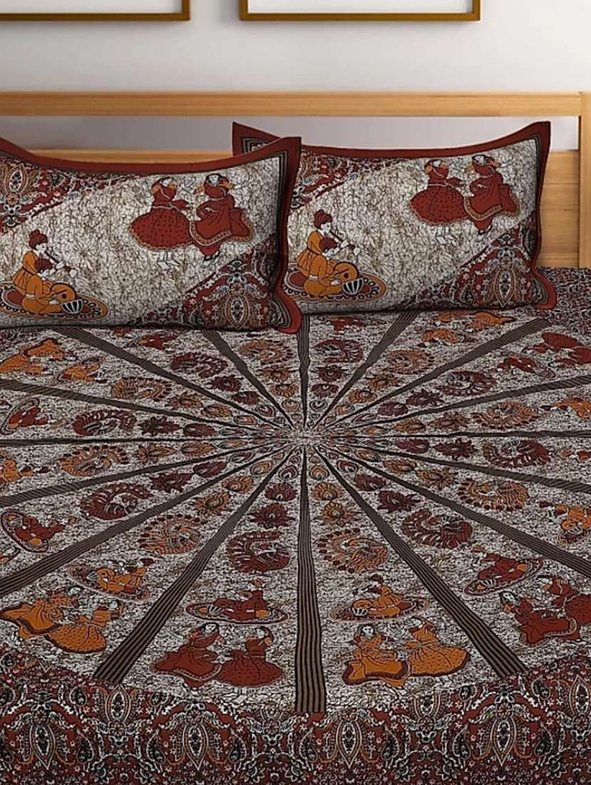 kivo bedsheets 100% pure cotton jaipuri print double bedsheet with 2 pillow covers-size 85x90 inchs - 22593792 -  Standard Image - 1