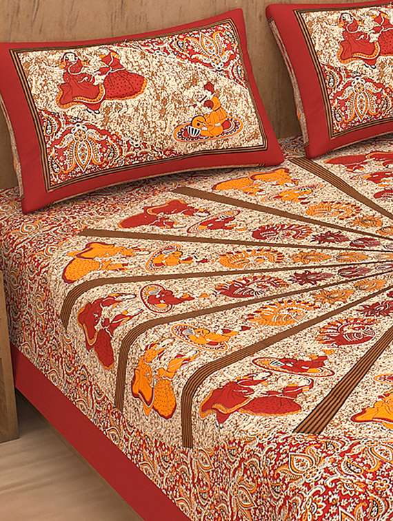 kivo bedsheets 100% pure cotton jaipuri print double bedsheet with 2 pillow covers-size 85x90 inchs - 22593793 -  Standard Image - 1