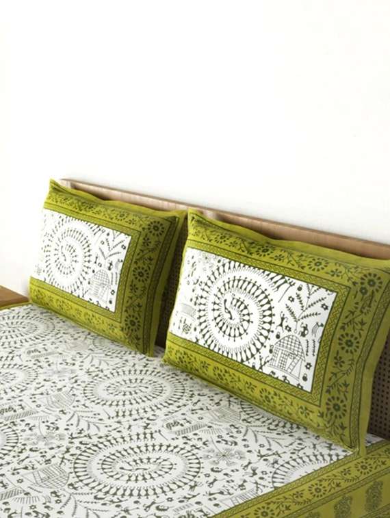 kivo bedsheets 100% pure cotton jaipuri print double bedsheet with 2 pillow covers-size 85x90 inchs - 22593796 -  Standard Image - 1