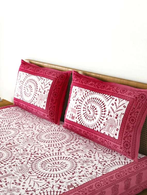 kivo bedsheets 100% pure cotton jaipuri print double bedsheet with 2 pillow covers-size 85x90 inchs - 22593797 -  Standard Image - 1