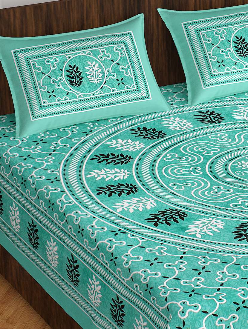 kivo bedsheets 100% pure cotton jaipuri print double bedsheet with 2 pillow covers-size 85x90 inchs - 22593798 -  Standard Image - 1