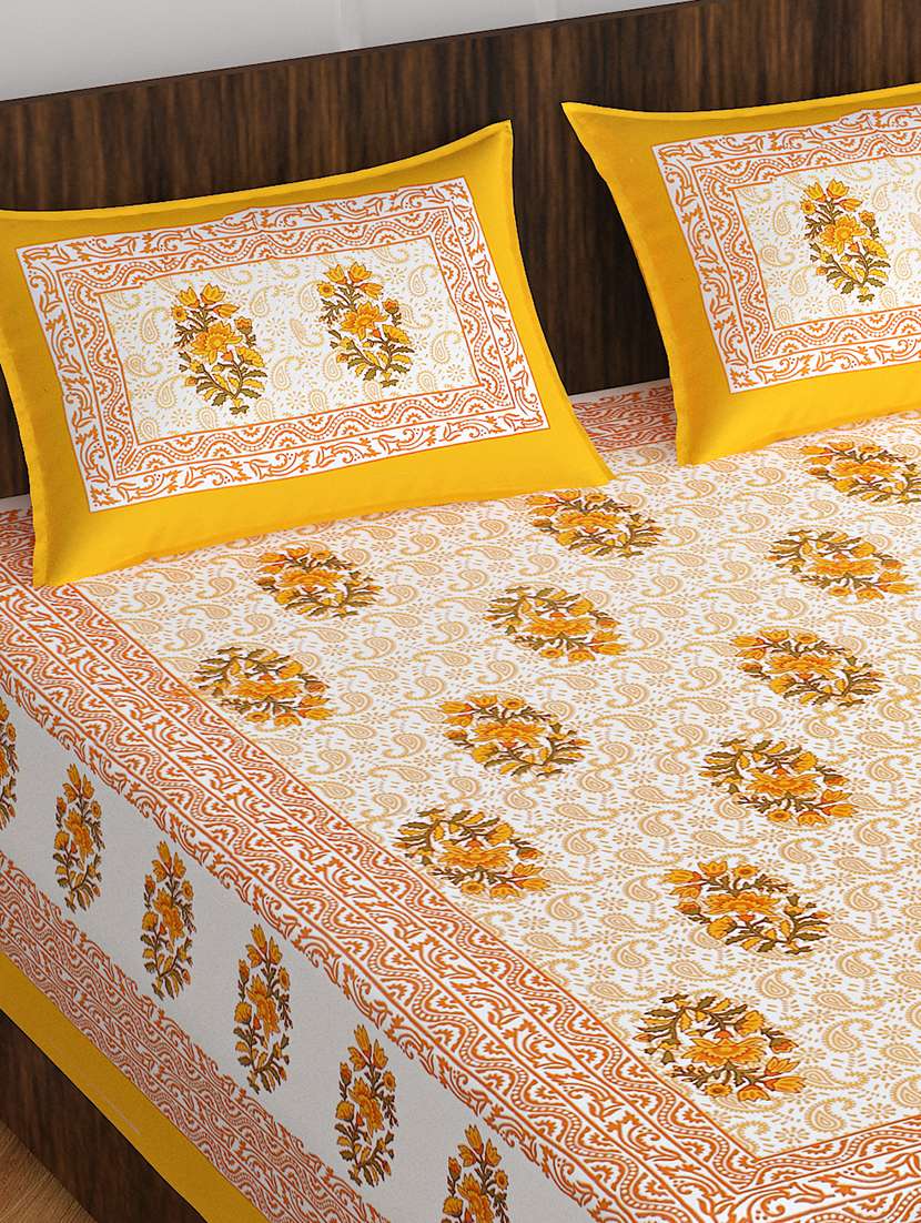 kivo bedsheets 100% pure cotton jaipuri print double bedsheet with 2 pillow covers-size 85x90 inchs - 22593799 -  Standard Image - 1
