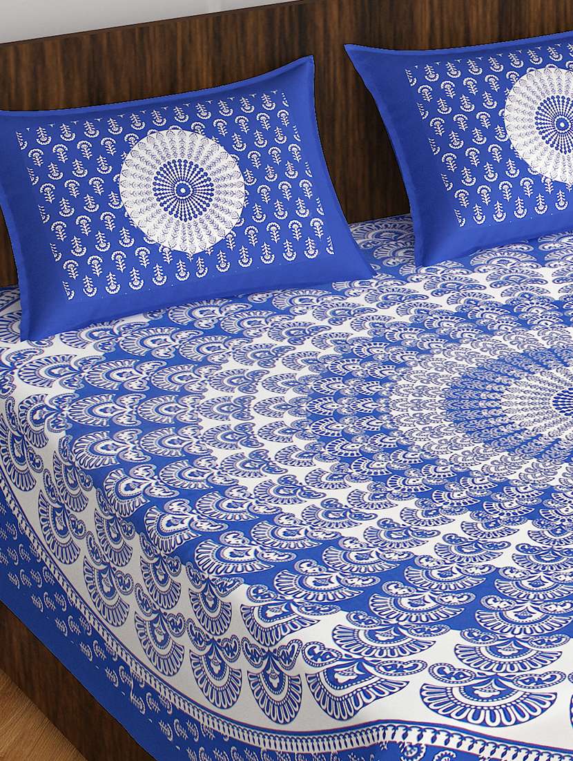 kivo bedsheets 100% pure cotton jaipuri print double bedsheet with 2 pillow covers-size 85x90 inchs - 22593801 -  Standard Image - 1
