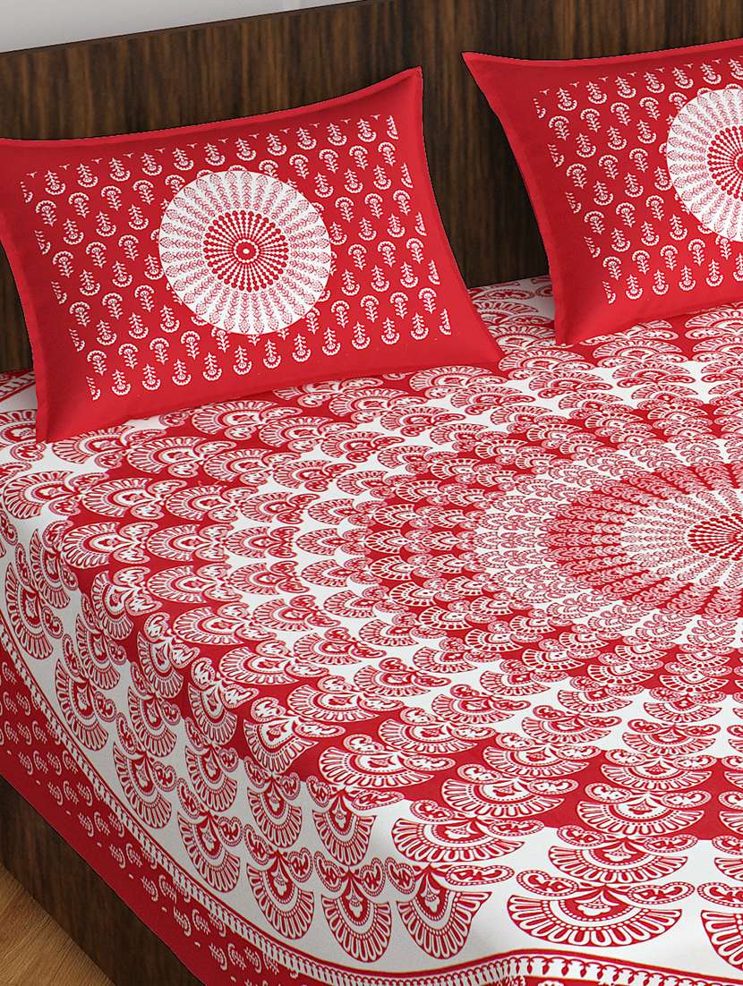 kivo bedsheets 100% pure cotton jaipuri print double bedsheet with 2 pillow covers-size 85x90 inchs - 22593802 -  Standard Image - 1