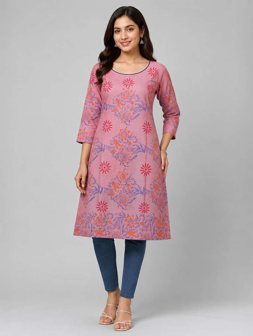 women printed three quarter sleeves straight kurta