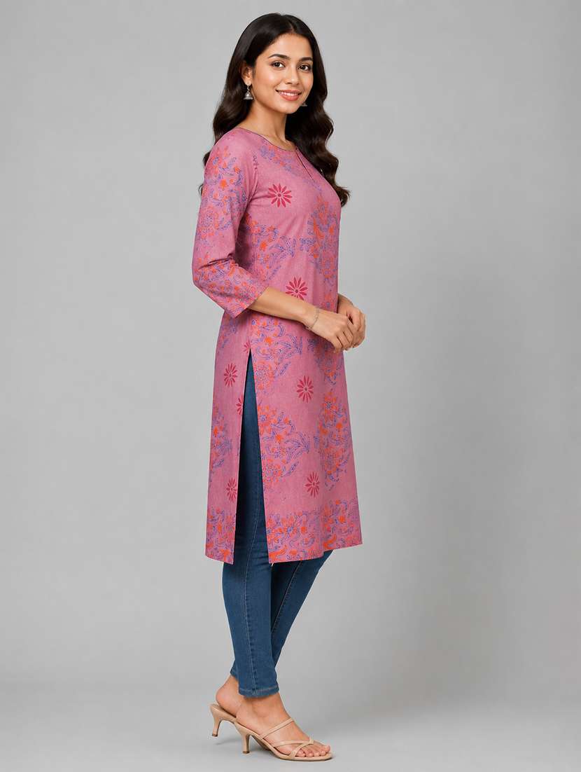 Women Printed Three Quarter Sleeves Straight Kurta - 22594111 -  Standard Image - 4