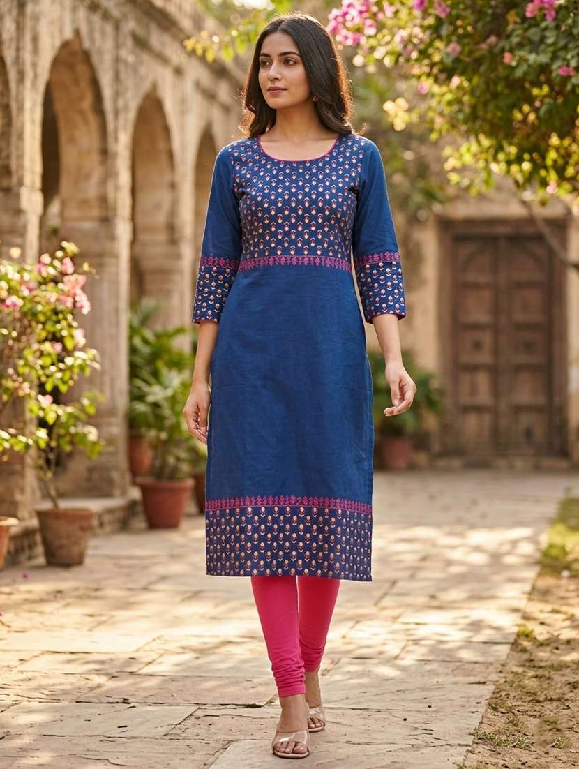women printed three quarter sleeves straight kurta