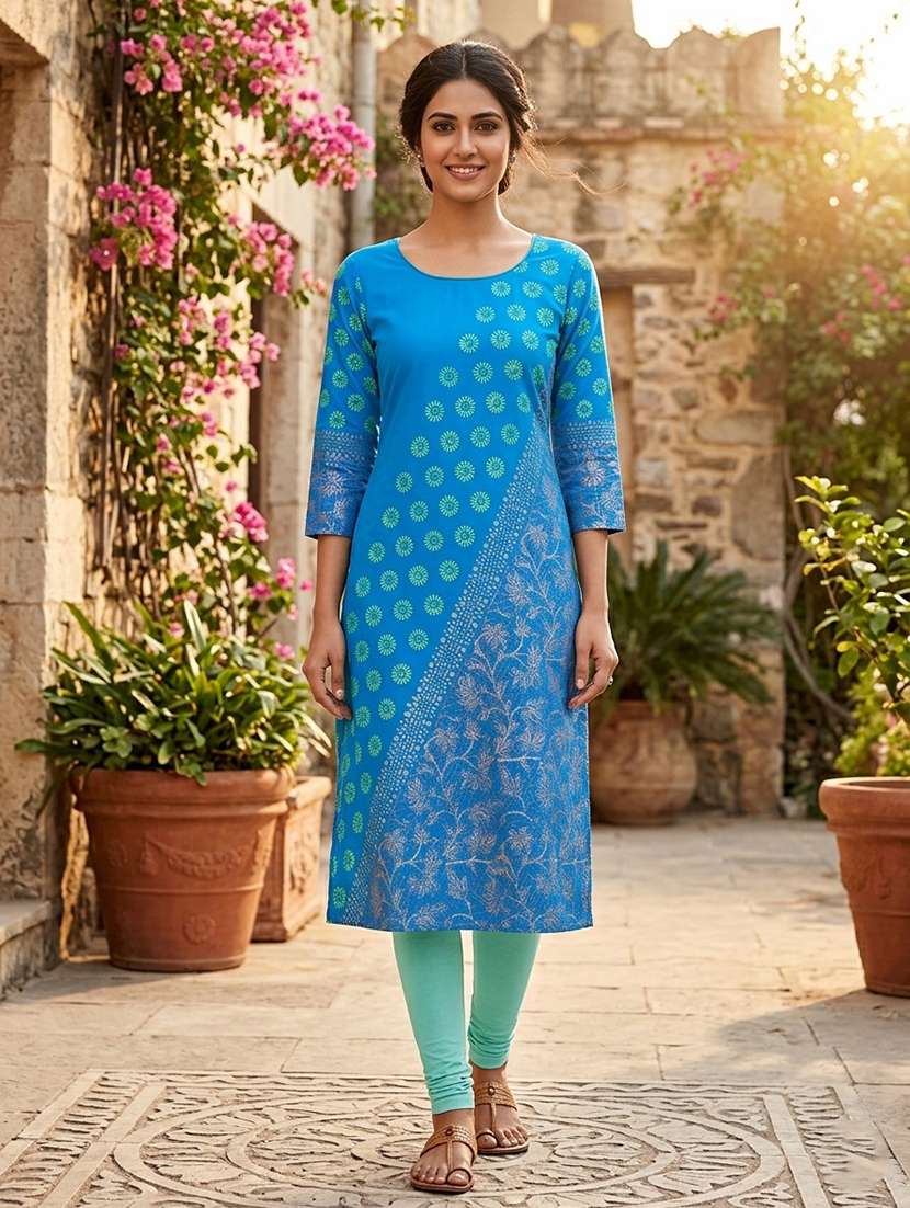 women printed three quarter sleeves straight kurta