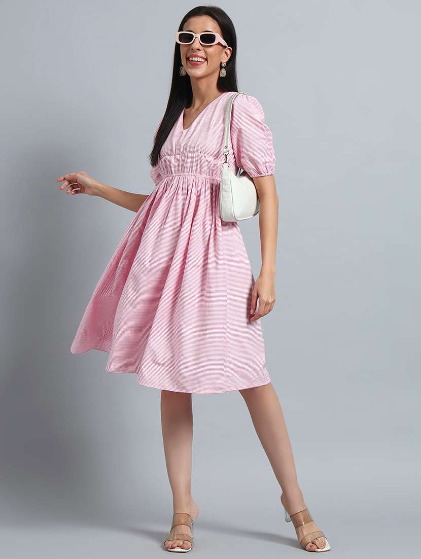 women printed puff sleeves fit and flare dress