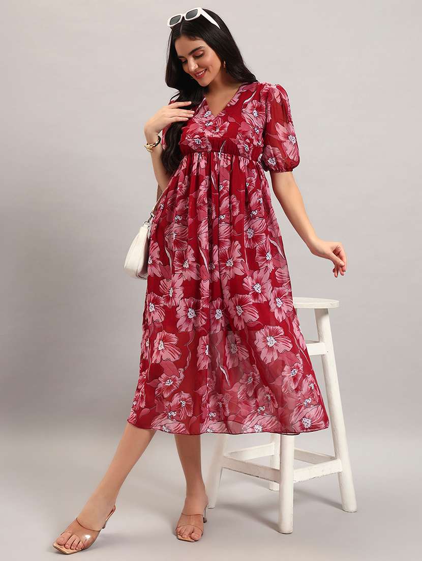 women printed puff sleeves fit and flare dress