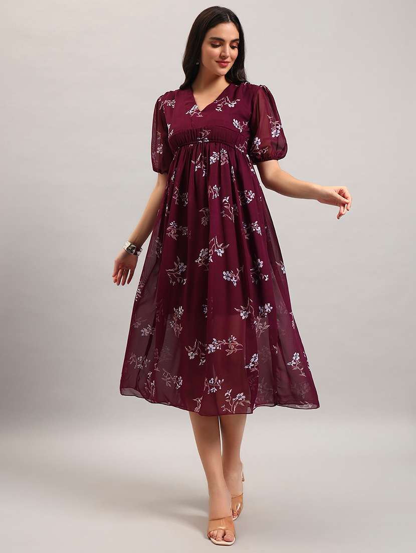 women printed puff sleeves fit and flare dress
