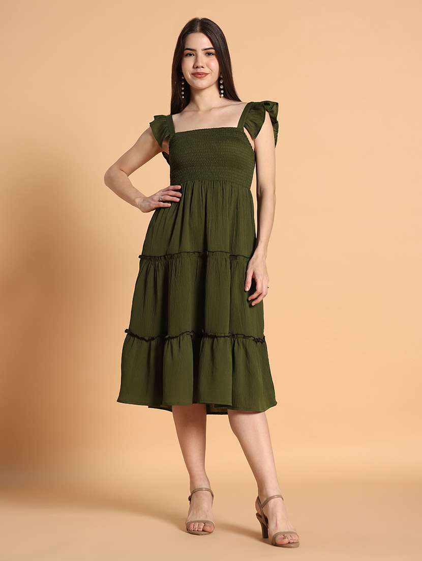 women solid ruffle sleeves tiered dress