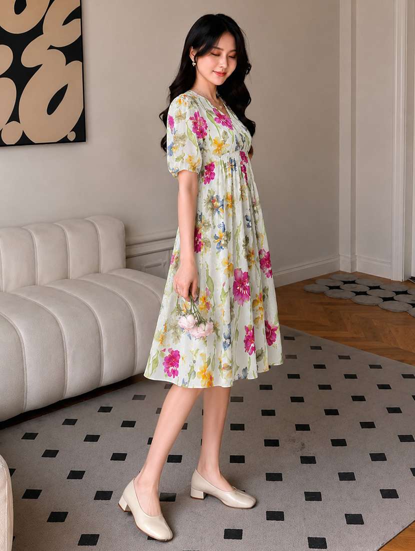 women printed puff sleeves fit and flare dress - 22594163 -  Standard Image - 1