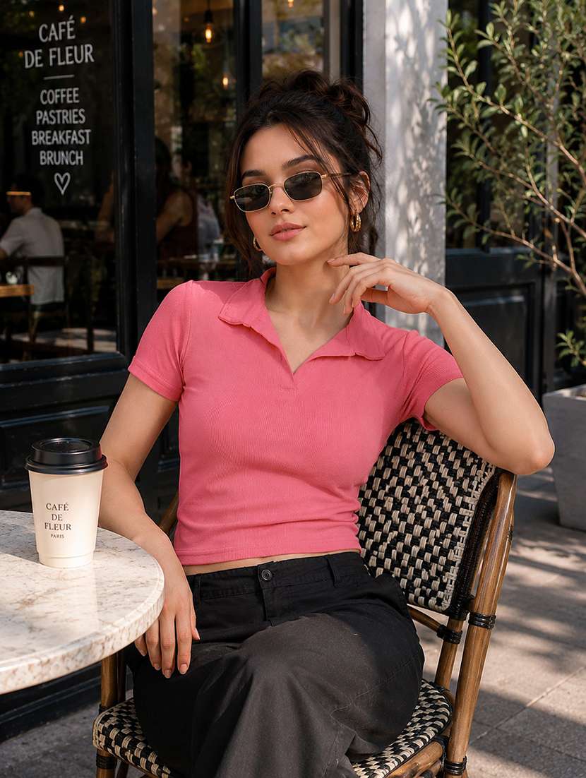 women solid short sleeve crop top - 22594222 -  Standard Image - 4