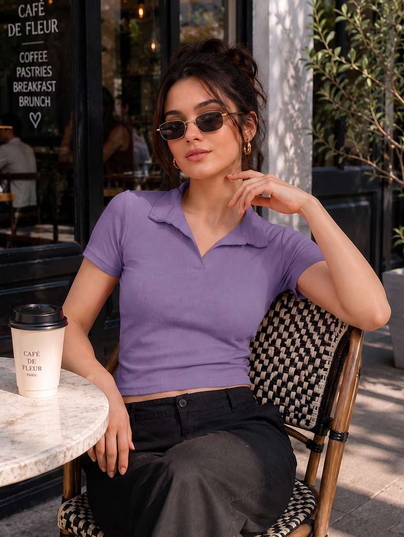 women solid short sleeve crop top - 22594223 -  Standard Image - 4