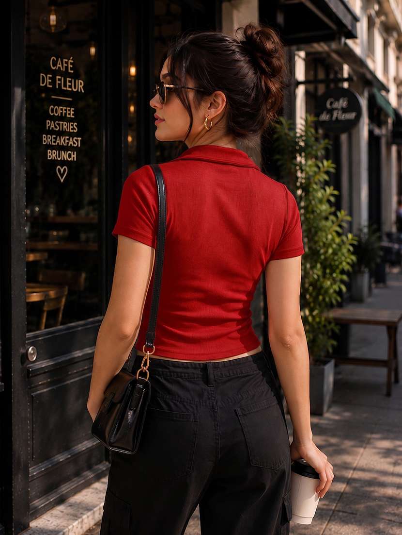 women solid short sleeve crop top - 22594228 -  Standard Image - 4